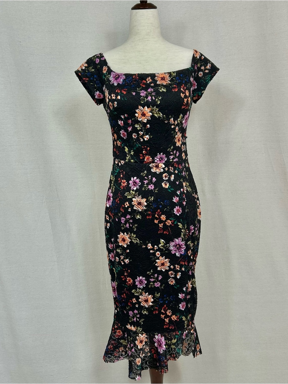 Guess Black Floral Lace Midi Sheath Dress